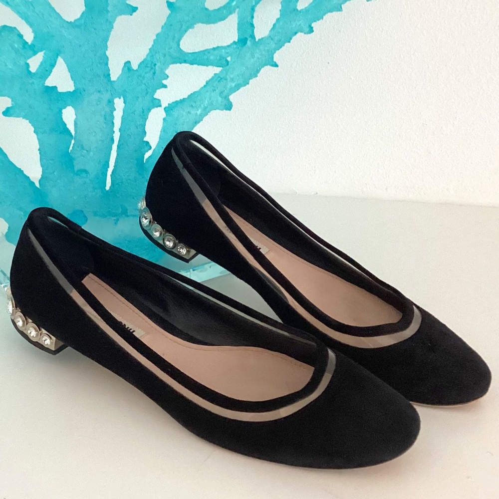 MIU MIU SUEDE FLATS WITH CRYSTAL HEEL EMBELLISHMENT SIZE 37.5 / US 7